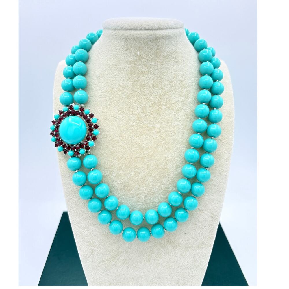 Crown Trifari Turquoise Cabochon Necklace and Convertible Brooch Pendant Set
